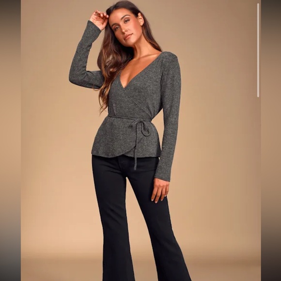 Lulus Flattering Charcoal Grey Wrap Tie Knit Sweater - Picture 3 of 14